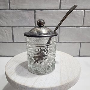Cut Glass Silverplate Condiment Jar and with Spoon and Lid